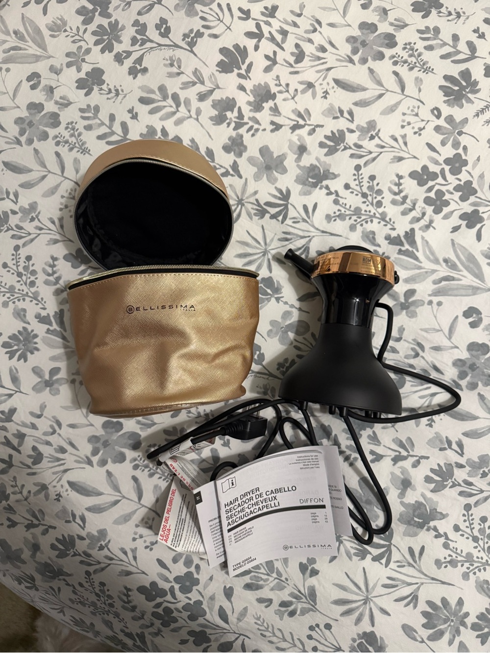 Bellissima Gold & Black Travel Hair Dryer with Gold Pouch